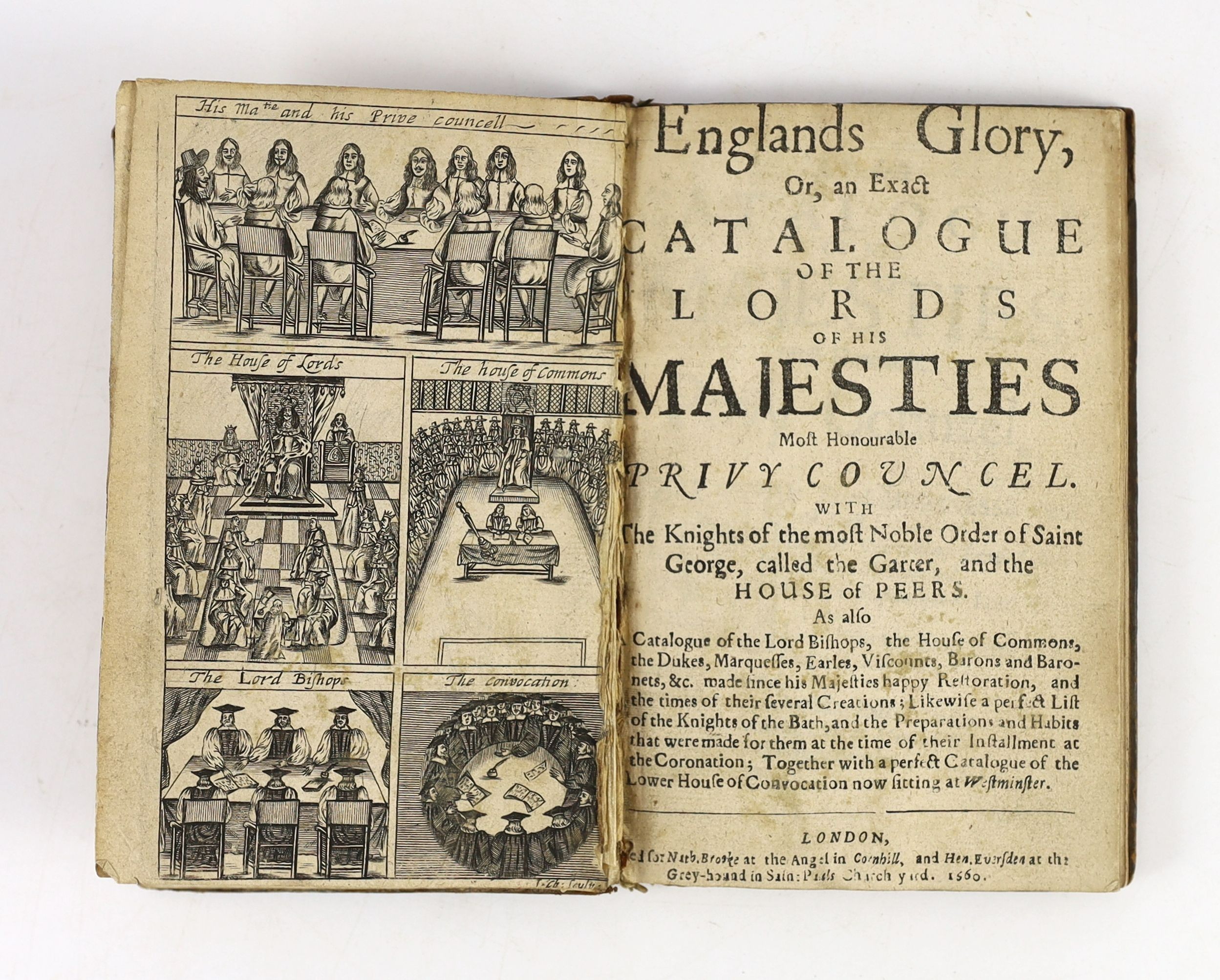 Restoration - Englands Glory, or, an Exact Catalogue of the Lords of his Majesties Most Honourable Privy Council, 12mo, speckled calf, with engraved frontispiece, 78pp, bookplate of John Smith de Burgh, Lord Dunkellin, 1